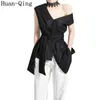 Chemisiers pour femmes Chemises Summer Runway Chemisier irrégulier noir Sexy Col en V Sans manches Ceinture Loose Blusas Mujer Oblique Shoulder Shirt Tops