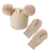 Winter Kids Hat and Gloves 2 Piece Set 0-3T Toddler Baby Boy Girl Hat Skullies Beanies Fur Balls Knitted Children Hats & Caps 210713