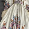 Neploe Flower Print Dresses Elegant Belt Slim Waist Vestidos Long Sleeve Single Breasted Turn Down Collar Women Dress 1E370 Y0823