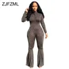 Bling Lurex Sexy Bell Bottom Bodysuit Long Sleeve Striped Flare Jumpsuit Party Night Club Ladies Plus Size 211119