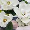 Couronnes de fleurs décoratives, fausse décoration Magnolia artificielle, sensation mousseuse, 3 têtes surdimensionnées, grande plante de Simulation de feuilles