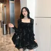 Woherb verano para mujer vestido negro vintage flor manga larga soplo vestidos de gasa coreano casual mini vestidos mujer 21593 210409