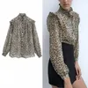 Za Semi-sheer Animal Print Vintage Shirt Women Ruffle Leopard Blouse High Collar Long Sleeve Female Harajuku Top 210602