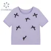 Krótki rękaw Summer Purple Slim Crop Shirt Kobiety Bow Patchwork Design Tees E-Girl Estetyczne Rok Sweet Club Y2K Tide Topy 210417