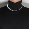 Reflective blue and white pearl cross stitching necklace personality clavicle chain short choker