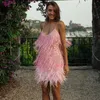 Casual Jurken Sexy V-hals Froned Lovertjes 3D Feather Stitching Pink Dress Harajuku Heldere zijde Kwastels Party Bead Bandage Vestido