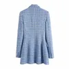 Femmes texturé Plaid Blazer Za prononcé épaule à manches longues bleu bureau blazers manteau double boutonnage bouton printemps haut 210602