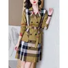 여성 트렌치 코트 가을 스타일 기질 슬림 더블 브레스트 코트 스트랩 패션 체크 무늬 여성 윈드 브레이커