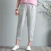 Kvinnor Penna Byxor Ankellängd Kvinna Sommar Casual Striped Loose Byxor Linen Mid Wasit Flat Fashion 210915