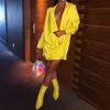 Omsj Moda Ladies Club Stroje Low-Cut Ruszki Temperament Sukienki Żółty Z Długim Rękawem Lapel Sexy Sweter High Waist Vestidos 210517