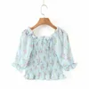 Off Shoulder Floral Summer Blouse Crop Tops Women Boho Lace Up Ruffle Blue Blouse Shirt Sheer Beach Blusa Feminias 210415