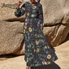 Kravat Boyun Bahar Baskı Uzun Maxi Elbiseler Kadınlar Tatil Rahat Yüksek Bel Kollu Pileli Salıncak Elbise Giyim 210510
