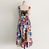 デザイナー夏のドレス女性スパゲッティストラップカジュアルボヘミア花柄プリントホリデーエレガントなMidi Dresses Camisole 210421