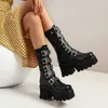 Inverno Gothic Punk Womens Platform Stivali Black Fibbia Cinturino Cerniera Cregnoscio Cunei Scarpe Mid Calf Military Bilancio Stivali da combattimento Donne Y0914