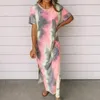 Casual Boho Beach Dresses Womens Tie-Dye Printed O-Neck Party Summer Maxi Dress Sexy Split Short Sleeve Loose Long 2021