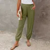 Women Summer Solid Color Long Trousers Elastic Waist Design Pockets Decor Elastic High Waist Casual Leggings 2021 Fashion Pants Q0801