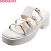 Morazora zomer vrouwen slippers lederen dames muilezels schoenen dikke hakken vierkante teen effen kleur casual schoenen 210506