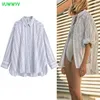 VUWWYV enorme camisas longas listradas para mulheres verão casual streetwear botão para cima camisa mulher manga completa bainha assimétrica tops 210430