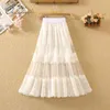 Summer High Women Long Vintage Elastic Waist White Lace Maxi Tulle Skirt 210415
