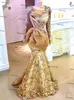 Złote Koronki Aso Ebi Suknie Wieczorowe Długie Rękawy Sheer O-Neck Syrenka Kobiety Korowód Suknie Organza Ruffles Prom Dress 2021