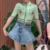 New design women's summer turn down collar short sleeve beading paillette cherry embroidery pattern cute knitted tees shirt tops