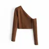 Sexy Woman Brown Off the Shoulder Sweater Spring Fashion Ladies Slim Short Knitwear Female Elegant Streetwear Tops 210515