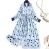 De manga comprida polka dot impressão midi vestido de chiffon primavera mulher roupas moda curtir colar vestidos casual robe femme xxl tamanho 210601