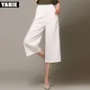 ハイウエストワイドレッグパンツカプリス女性プラスサイズシフォンズボン女性ホワイトブラック夏Pantalon Femme Mujer XXXL 210519