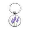 Purple Flower Lavender Glass Cabochon Rings Key Metal Picture Keychain Handbag para mulheres Jóias de moda Will e Sandy