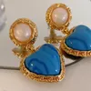 Stud Retro Earring For Women French Style Blue Heart Pendant With Pearl Aros Charm Lady Luxury Gift Jewelry 2021