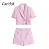 Föridol tweed stickade rosa shorts uppsättningar vår höst blazer söta två stycken passar kvinnor kläder damer matchande set q0527