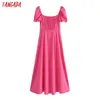 Tangada mulheres românticas vestido rosa sopro manga curta quadrado colar de algodão linho midi vestidos vestidos 3h517 210609