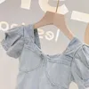 Sommar EuropeanAmerican Fashion Girls Middle School Barn Bubble Sleeve Denim Princess Dress Toddler Baby Kids Girl Clothing 210625