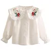 Spring Autumn 2 3 4 6 8 10 Years Cotton White Blue Striped Embroidery Flower Flare Sleeve Kids Baby Girls Blouse Shirt 210701