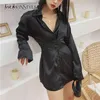 Chemise noire robe pour femmes revers à manches longues taille haute tunique Mini robes femme été mode vêtements 210520