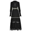 Black Patchwork Lace Dress For Women V Neck Lantern Long Sleeve High Waist Pleated Midi Dresses Female Fashion 210531