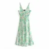 Mulher Verão Vestido Verde Floral Print Mulheres Mulheres Elegante V Neck sem mangas Midi Strap Sexy Party ES 210519