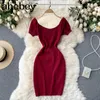 Women Knitted Dress Korean O Neck Blackless Elastic Pencil Dress Summer Sexy Slim Streetwear Short Dress 210715