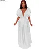 2019 Summer Femmes Mesh Transparent Deep V-Col V Taille Haute Maxi Robe Sexy Nigth Club Party Flare Manches Longues Robes Robes 210331