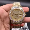 Lyx 43mm Claw Bezel Big Diamonds Automatisk Man Watch, Högkvalitativ Rostfritt Stål CZ Fullt Iced Out Diamond Rom Markörer Golden Shell Men's Watches