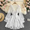 Women Fashion Sweet Spring Summer V Neck Double-layered Wood Ear Long Sleeve White Mini A-line Dress Elegant Vestidos S430 210527