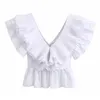 Col en V profond volants Blouse femmes Sexy dos nu chemise blanche sans manches vacances plage plissé haut été Camisas Mujer 210508