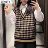 Kobiety Vintage V Neck Houndstooth Klatka dziewiarska Kamizelka Sweter Kobieta Bez Rękawów Casual Casual Swetry Waistcoat Topy SW695 210420