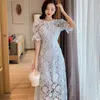 Blue Lace Dress Woman Summer Puff Sleeve Hollow Out Vestido Runway Design Mid-calf Dresses Female Short Party 210603