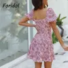 Vintage Cross Front Letnia Sukienka Kobiety Kwiat Drukuj Słońce Kobieta Elegancka Boho Beach Mini Vestidos Koreański 210427