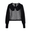 BLSQR Women Patchwork Houndstooth Smock Shirts Ladies Long Sleeve Peter Pan Collar Short Blouses Chic Tops 210430