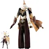 Genshin Impact Traveler Aether Jeu Costume Cool Gothique Uniforme Cosplay Costumes Aether Traveler Golden Braid Cheveux Perruques Halloween Y0903