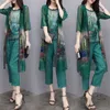 Spring Summer 3 Piece Set Green Elegant Chiffon Vest +Open Stitch Cardigan+Pants Plus Size Casual Fashion Printed Women Suit 4XL X0428