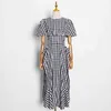 Elegant Side Split Dress For Women O Neck Short Sleeve High Waist Plaid Dresses Female Fashion Clothing 210520