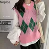 Nepoel trui Vest Plaid roze truien V-hals mouwloze tank tops Koreaanse gebreide trui vaccoat contrast kleur kleding 210422